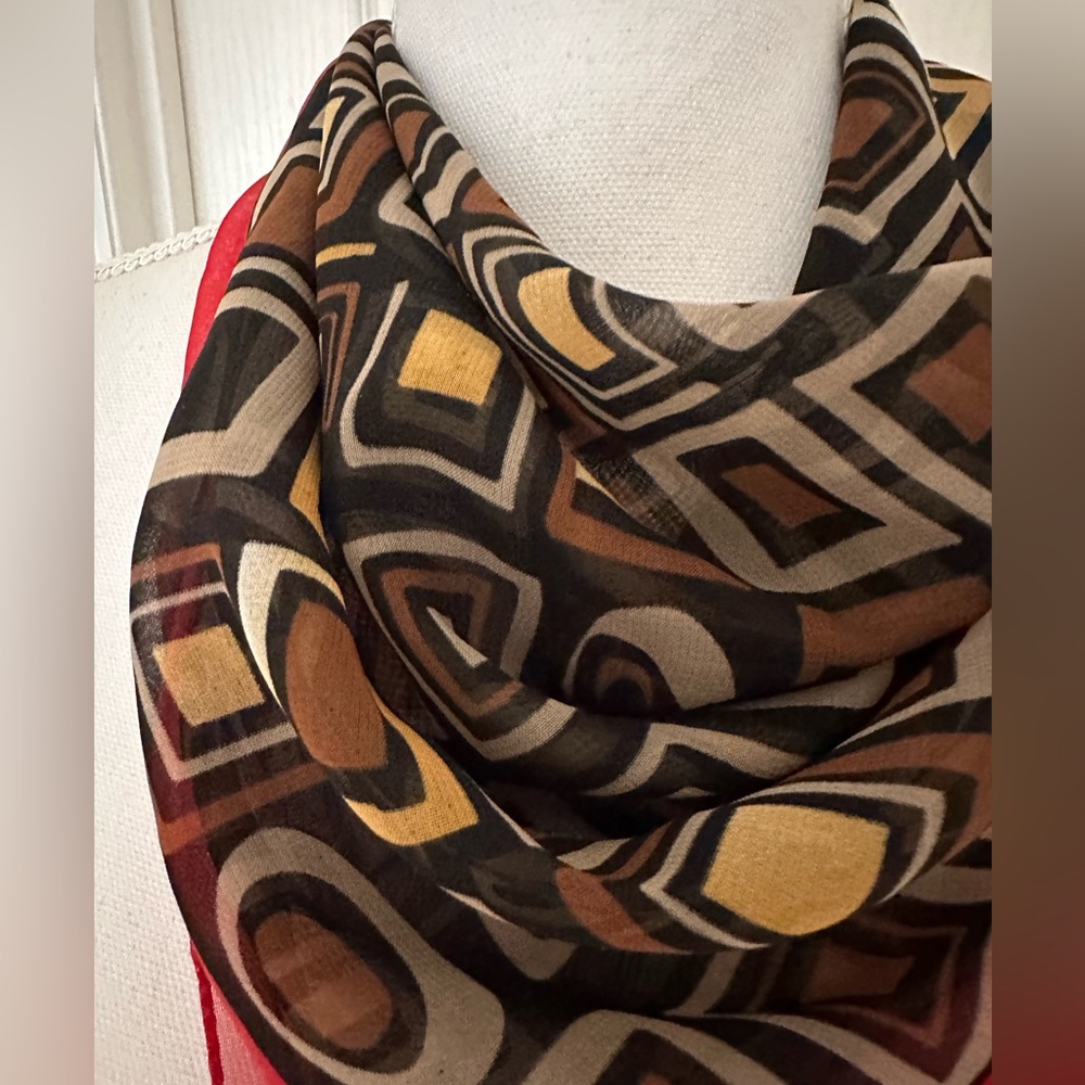Vtg Italian Square Scarf with Multi-colored Geometric and Red Edging - Picture 3 of 14